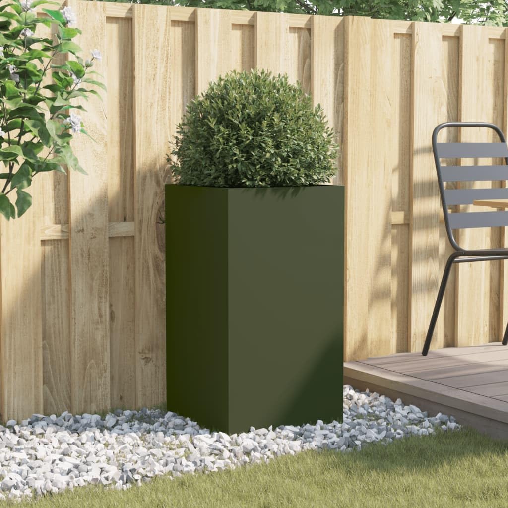Rantry Pflanzgefäß Olivgrün 42 x 38 x 75 cm aus kaltgewalztem Stahl, Pflanzgefäß für den Garten, Pflanzgefäß für den Außenbereich, Balkonkasten
