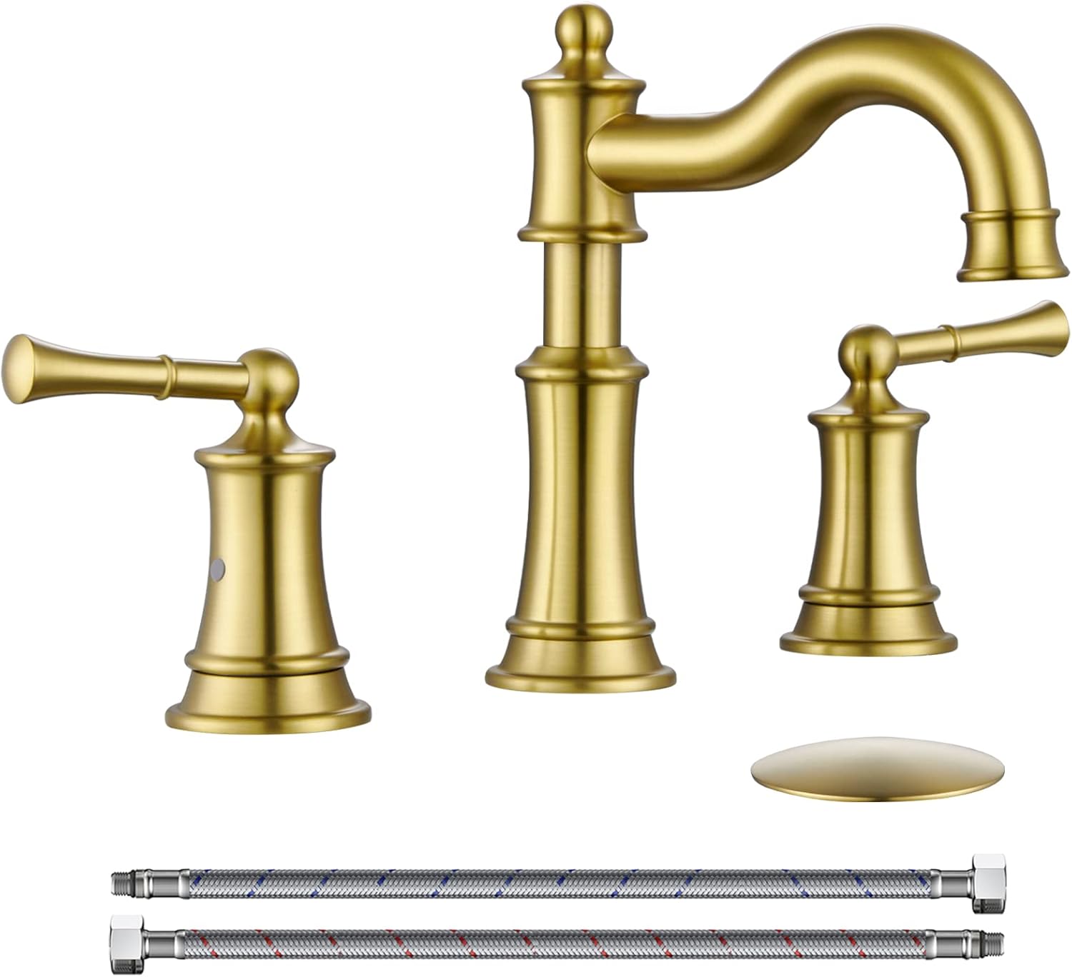 Roman Bathroom Sink Faucet 3 Holes Brushed Gold 2 Handle Widespread 8 inch Deck Mount Installation with Overflow Pop Up Drain Assembly and Water Supply Lines