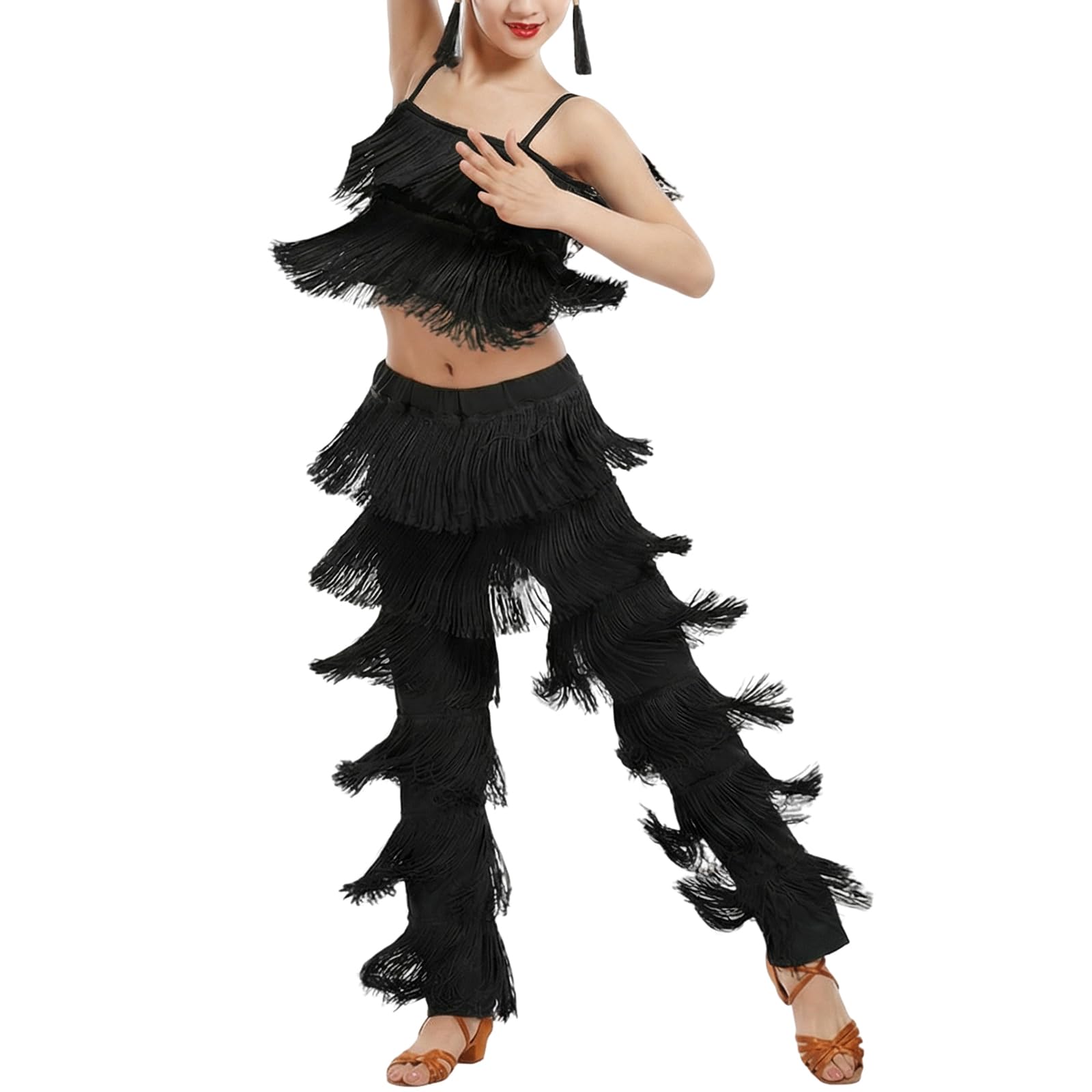 Heitongmaoyi Women's Black Latin Tassel Dance Top And Trousers 2 Piece Sets For Ballroom Rumba Tango Salsa( S)