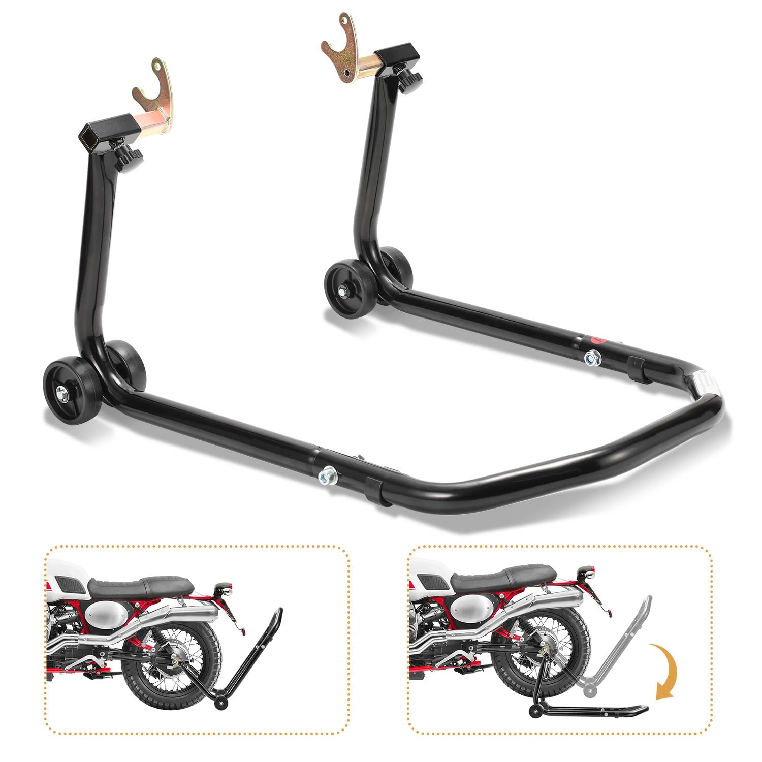 Stojak na motocykl, podnośnik do motocykla, tylny stojak z podwójnymi kółkami, regulacja szerokości, prace montażowe do motocykli do 300 kg, stabilność (czarny)