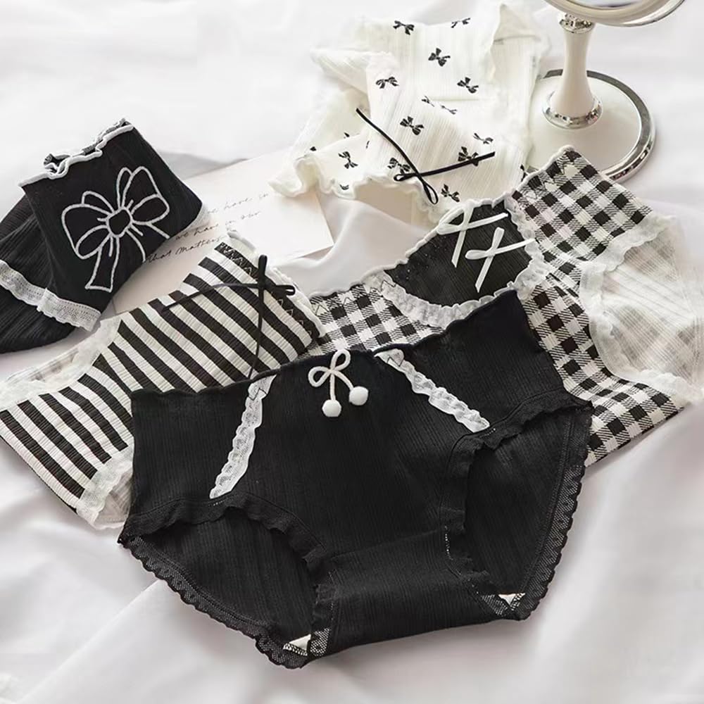5 Pack Women Teens Pink Cotton Brief Japanese Kawaii Anime Lolita Panties Underwear Bikini Panty Set: Medium Black