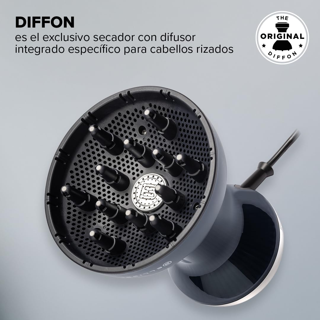 Bellissima Diffon Supreme Deluxe, Difusor de Aire Caliente para Cabello Rizado, Tecnología Cerámica y Queratina, Difusor XL, 3 Temperaturas y Ionizador, Secado Suave, bolsa de belleza, Negro Y Plata