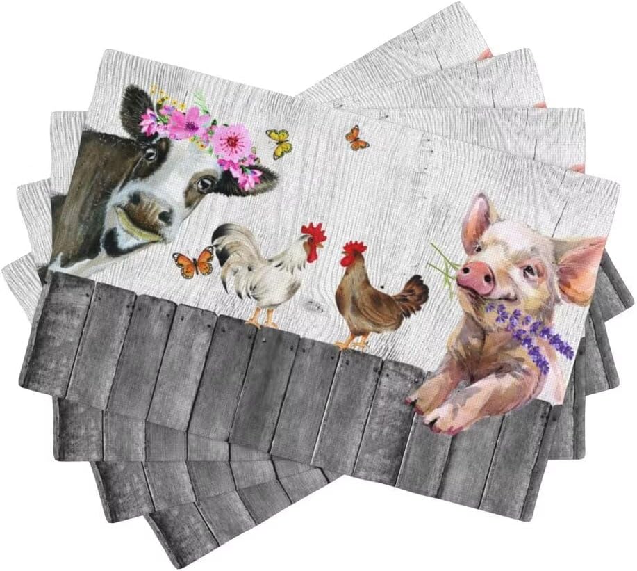Farm Animal Placemats, Vintage Farmhouse Pig Cow Chicken Retro Wooden Barn Print Table Mats for Dining Kitchen Party Holiday Decor, 12x18 Inch, 4PCS