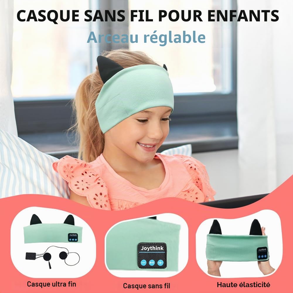Joythink Casque Bluetooth Enfant pour Dormir, Bandeau Écouteurs Doux avec Masque de Sommeil, Haut-Parleurs Fins Intégrés, Sans Fil, Idéal Voyage Avion, Sieste, Musique,Aqua