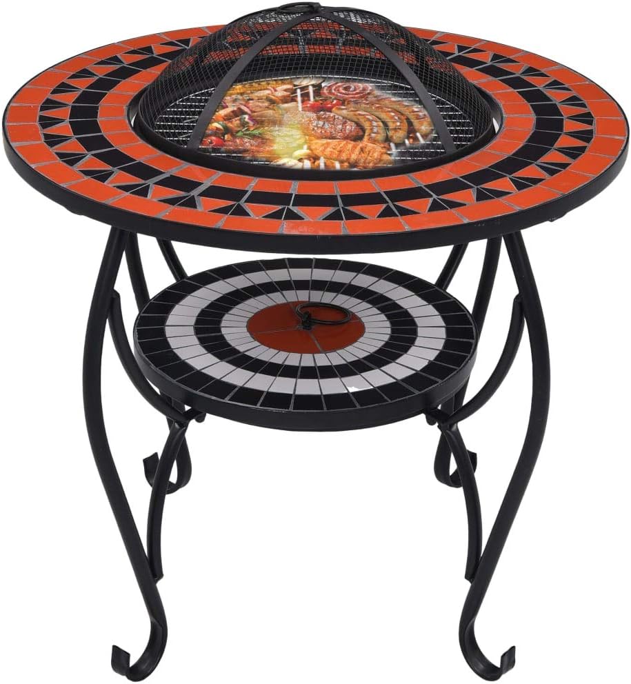 26.8 Inch Mosaic Fire Pit Table, Terracotta and White Ceramic Outdoor Wood Burning Firepit with Safety Mesh Cover and Poker for Patio Garden Backyard