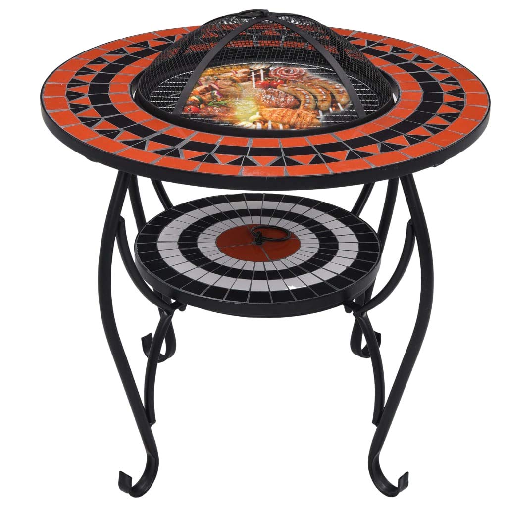 Mesa de fuego de cerámica con mosaico en terracota y blanco, 68 cm, con protección contra chispas y estructura de acero de cuatro patas, versátil brasero para jardín