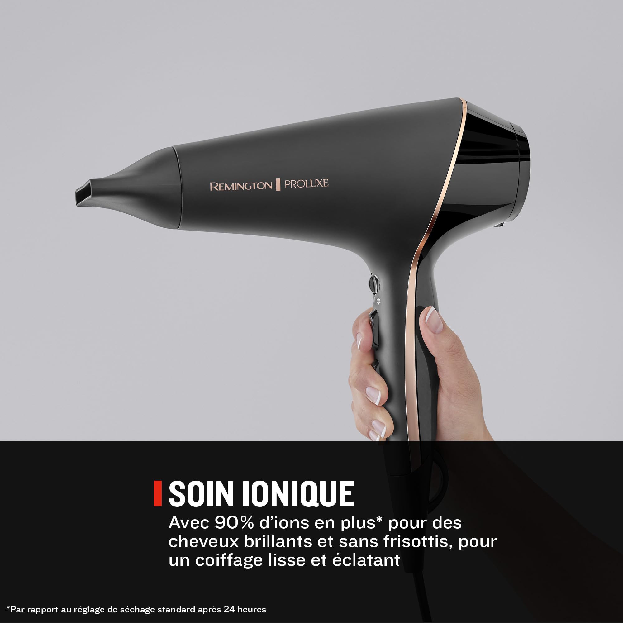 Remington Sèche-cheveux Ionique PROluxe Midnight 2400W Moteur AC Pro Durable Soin Ionique 3 Concentrateurs 1 Diffuseur Volume