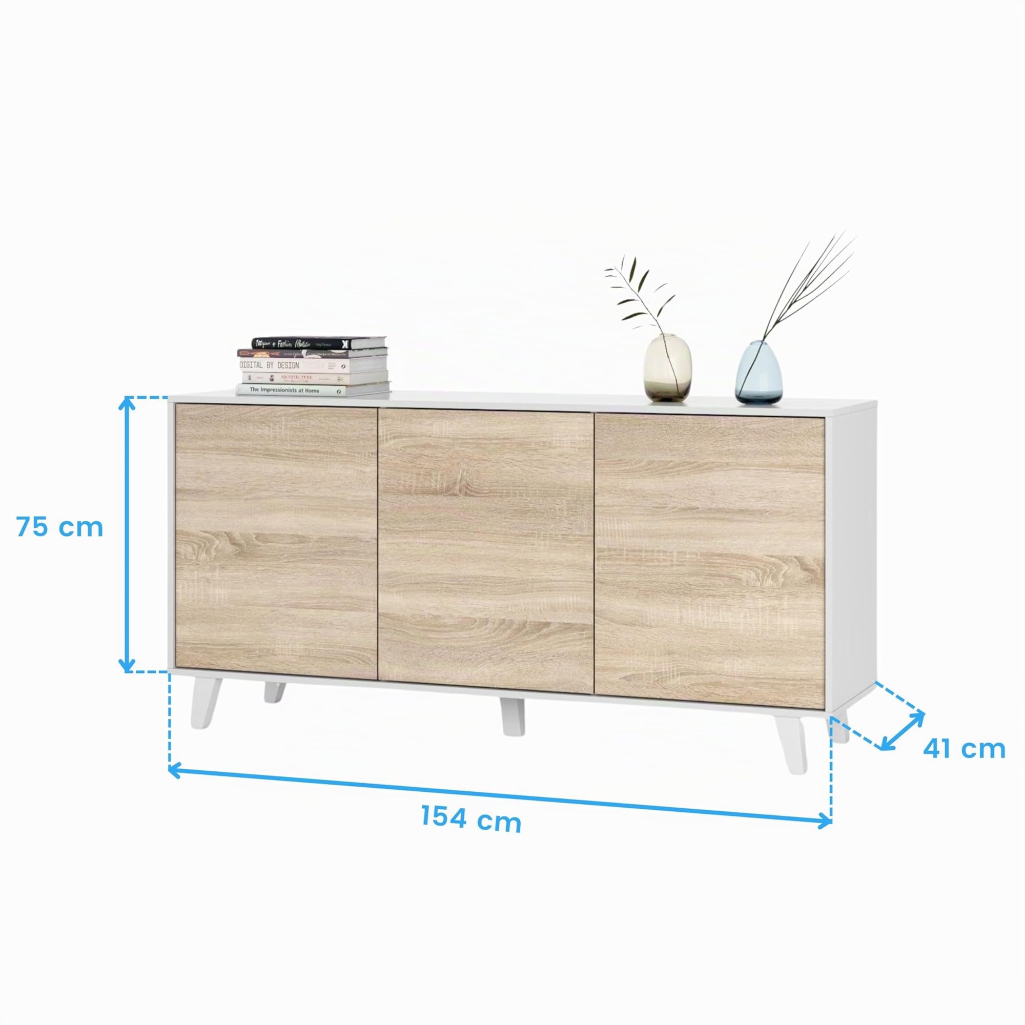 Habitdesign – Aparador Buffet 3 Puertas para Salón o Comedor, Aparador con Patas, Color Blanco Brillo y Roble Canadian, 154x41x75 cm - Zaiken Plus