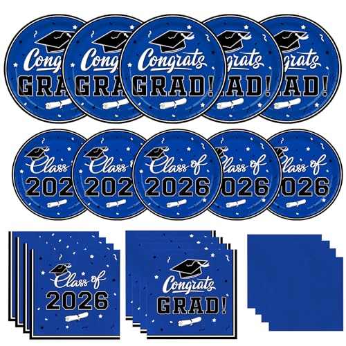 Gatherfun Graduation decorations 2026 Graduation Plates and Napkins Blue Disposable Paper Plates Luncheon Napkins Cocktail Napkins for Congrats Grad Party Decorations Serve 50