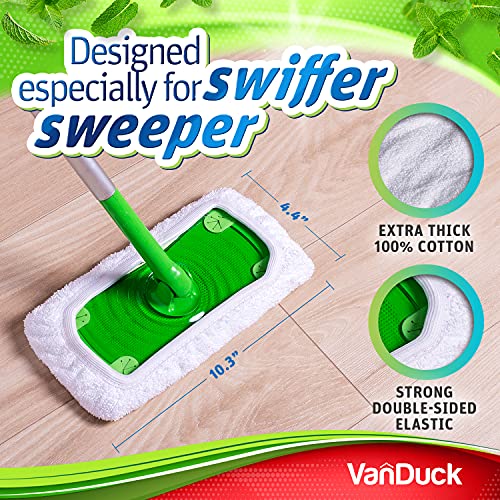 Image of VanDuck Reusable 100% Cotton Mop Pads for Swiffer Sweeper (8-Pack) | Mop not included, reusable terry cloth mop covers, cotton replacement refills, machine washable wet mopping pads