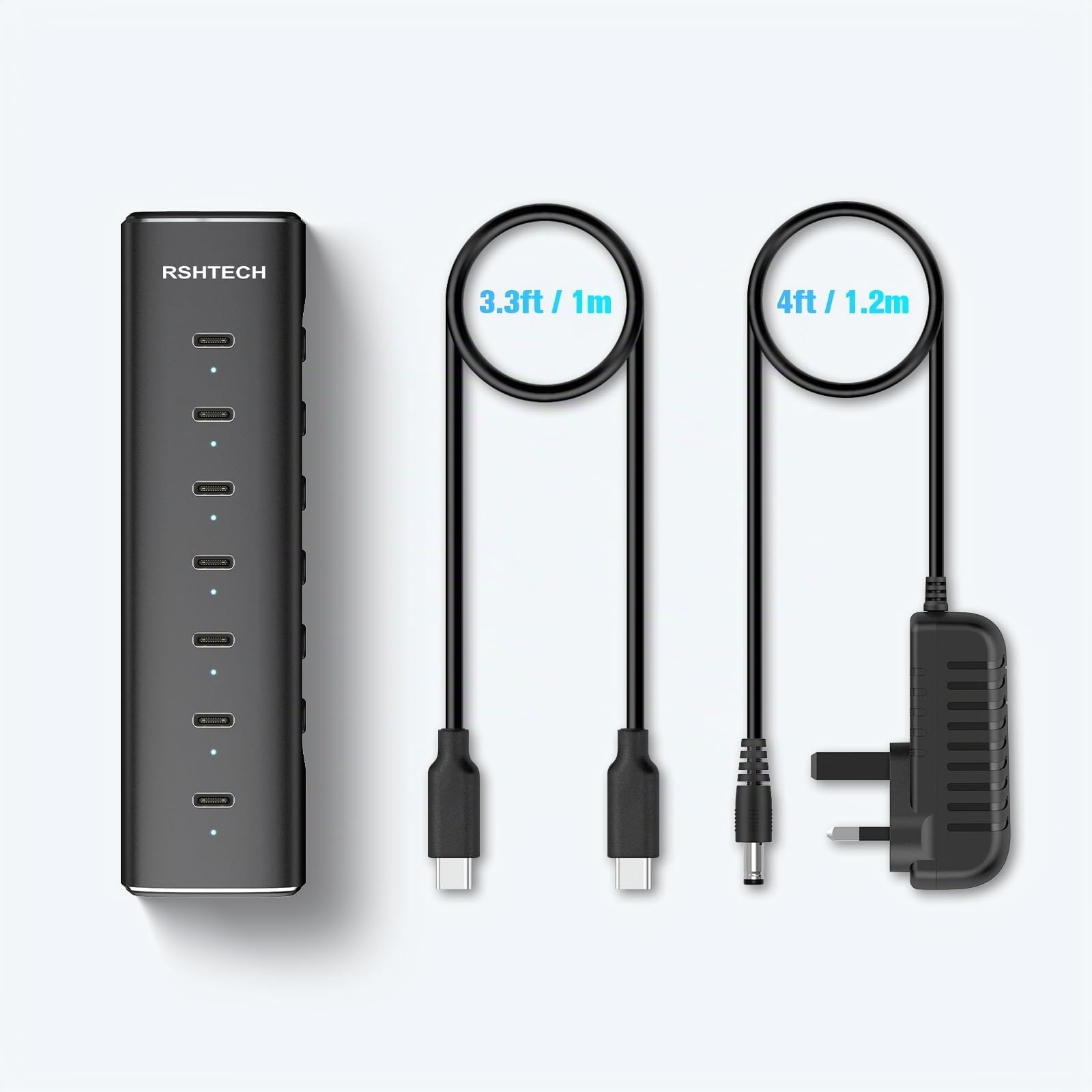 RSHTECH Hub USB C Alimenté 36W, 7 Port Aluminium Hub USB 3.2, RSH-H7C | avec Adaptateur Secteur 12V/3A et Câble 1M pour Ordinateurs Portables/Bureaux Dotés de Ports USB-C et Thunderbolt