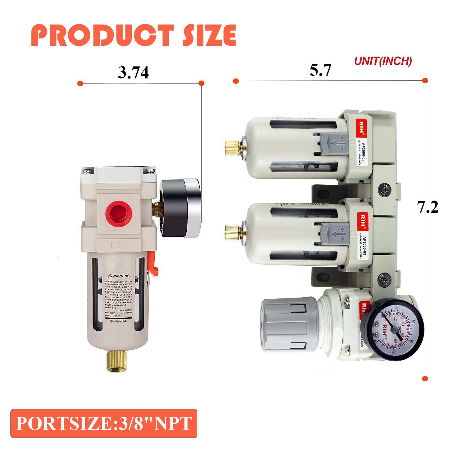 RIH Pneumatica aria compressa doppio filtro e regolatore, sistema di asciugatura dell'aria, separatore d'acqua compressore d'aria, scarico semi automatico, ciotola poli, 0-150 psi Gauge, elemento in