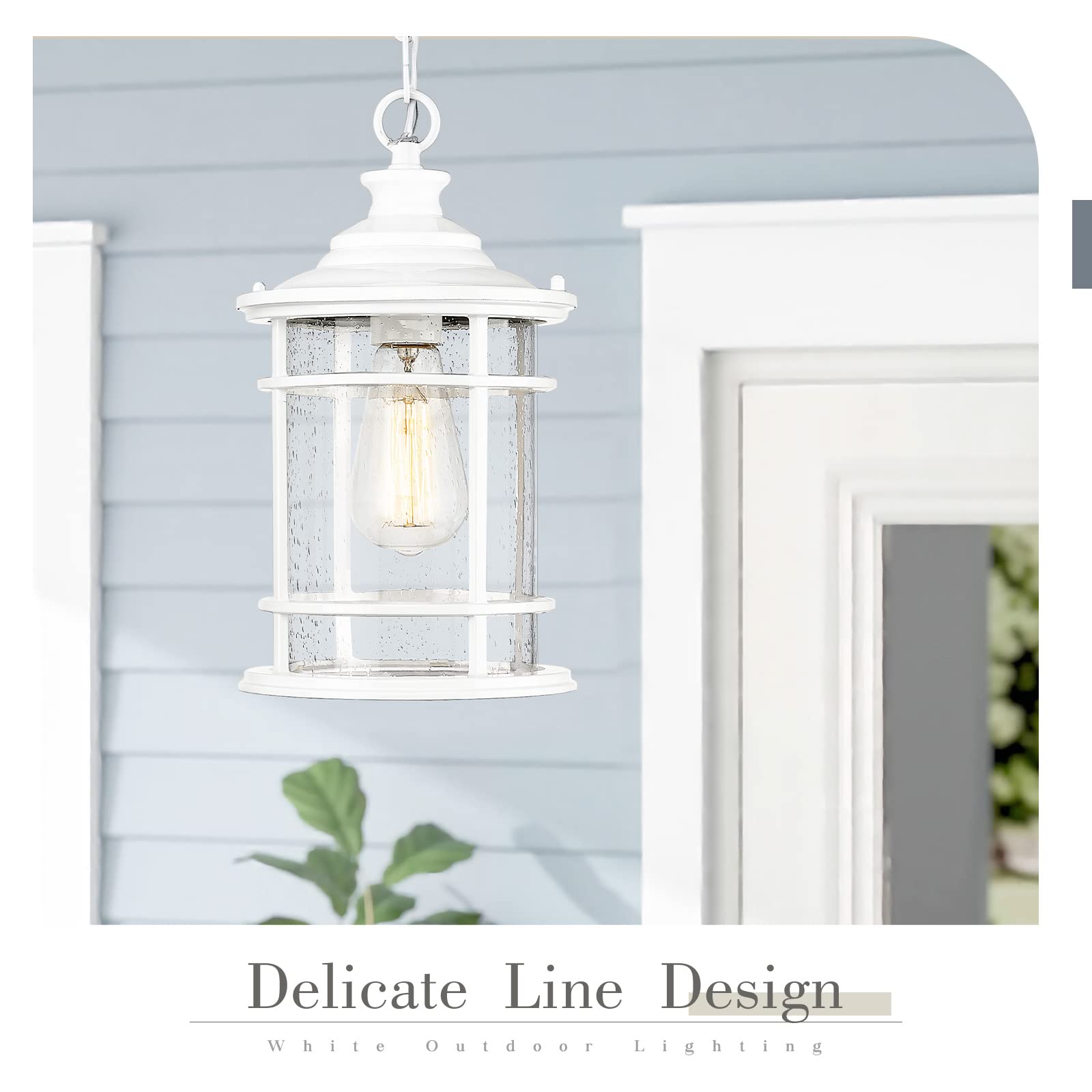 Emliviar Outdoor Hanging Light for Porch, Exterior Pendant Light Waterproof Ceiling Mount with Seeded Glass, White Finish, XE229H WH