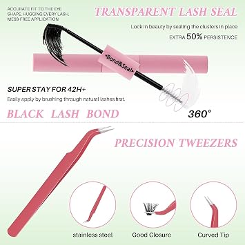 Lash Clusters Kit 640pcs Eyelash Clusters Wispy Cluster Mixed Length 9-16mm Pestañas Postizas Naturales Lash Extension Including Lash Bond&Seal,Lash Tweezers (20D+40D+60D+80D Kit,9-16mm)