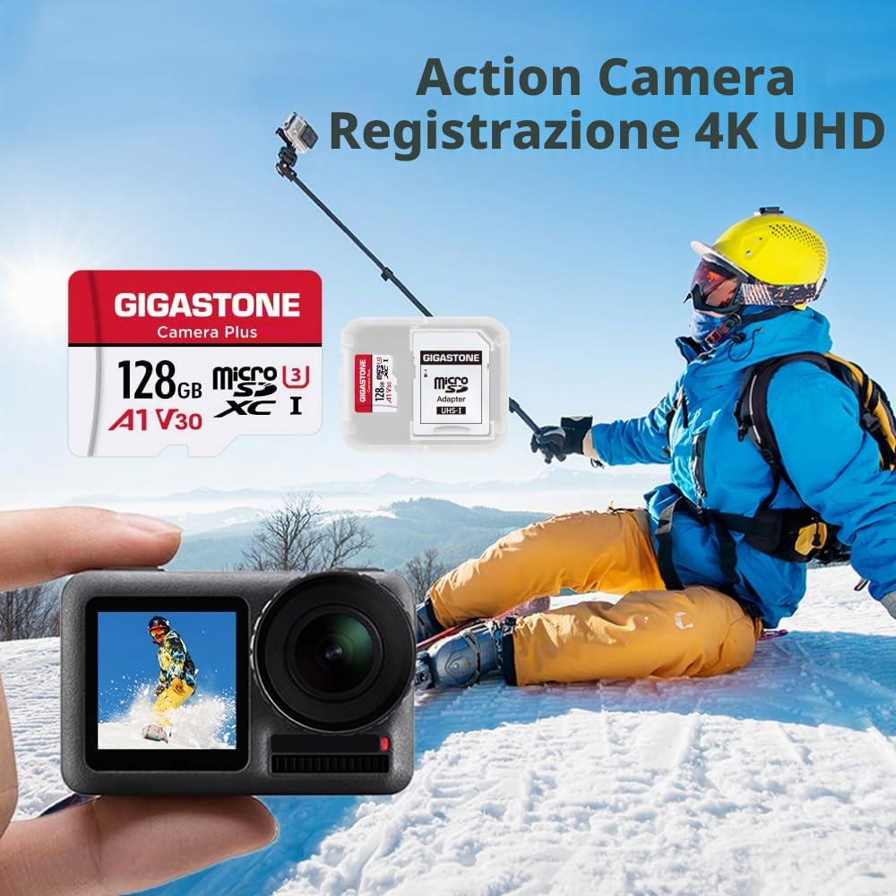 GIGASTONE Micro SD 128 GB, Camera Plus, Set da 2, A1 U1 C10 UHS-1, Per GoPro Fotocamera Videocamera, Velocit? Fino a 100/60 MB/Sec(R/W), con Adattatore Scheda SD