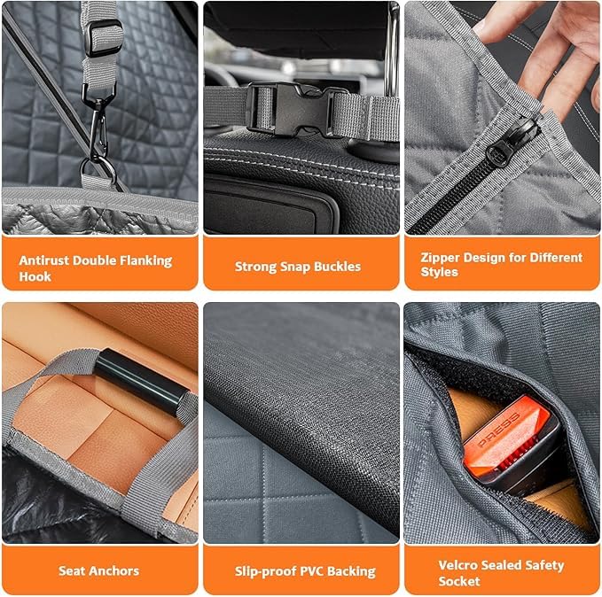 Image of 6-in-1 Dog Car Seat Cover for Back Seat, Waterproof Dog Car Hammock with Mesh Window, Non-Slip Pet Backseat Protector for Cars, Trucks and SUVsGray, 6 in 1 Dog CAR SEAT Cover