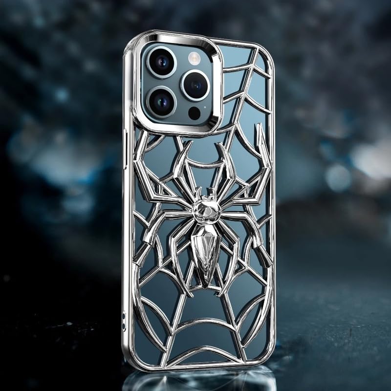 Image of COVERLY for iPhone 15 Spidey Web Silicone 3D Cartoon Clear Phone case, Full Protection Minimal Hollow Out Electroplated Heat Dissipation Metallic Paint Mobile Back Cover for Apple iPhone 15 (Silver)