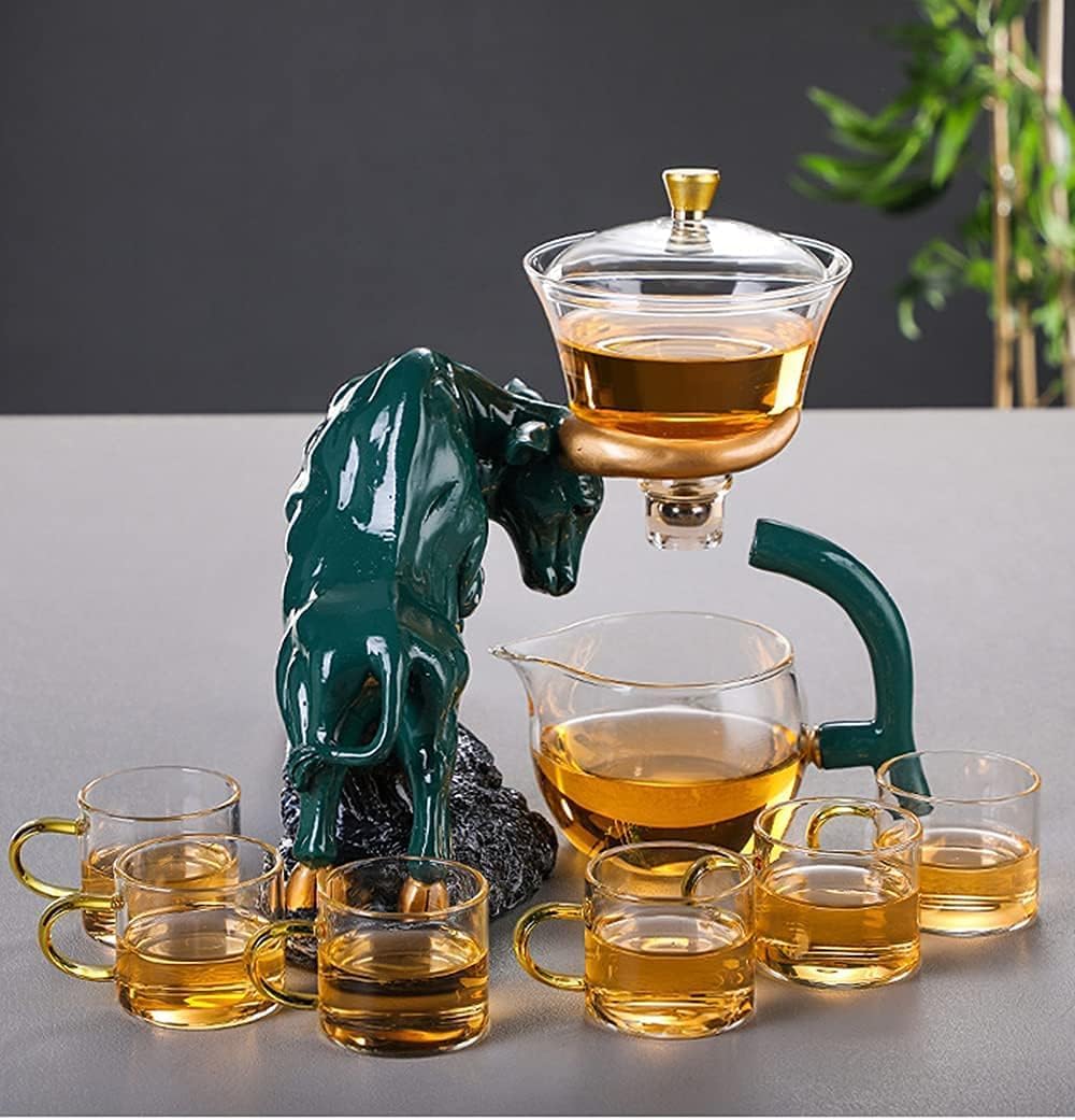 Ungfu Glas Teekanne Set Widerstandsfähiges Glas Teeset Kaffeeset Magnetische Wasserumleitung Rotierende Abdeckung Schüssel Halb Automatisch Tee Maer, Brown, Set