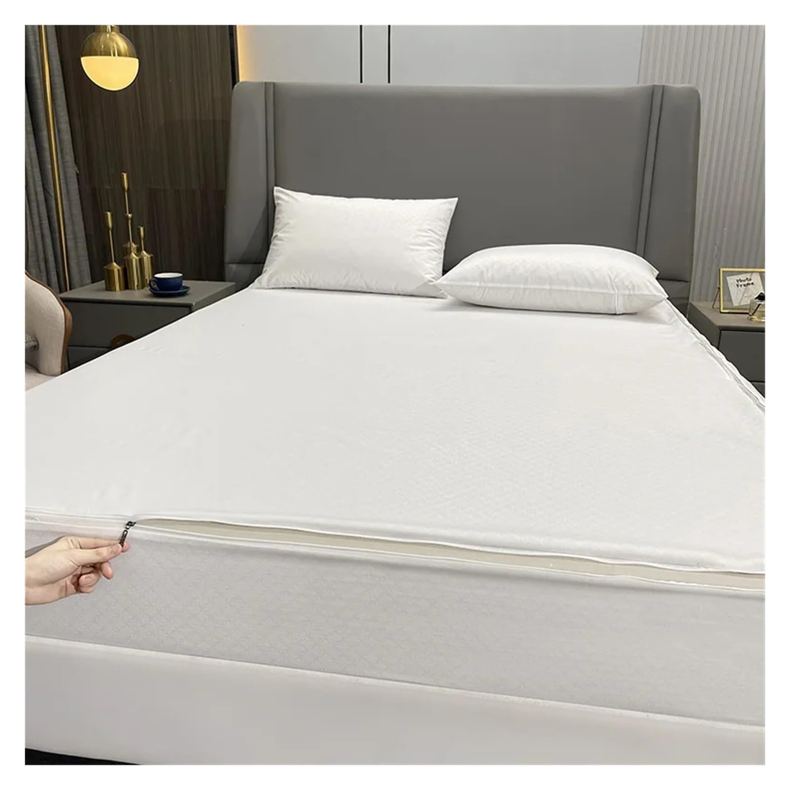 Sobrecolchón Acolchado de Microfibra Funda de colchón impermeable con cremallera, sábana ajustable de 6 lados, todo incluido, colchas a prueba de polvo for Protector doble(White,200X200X30cm 1Pc)