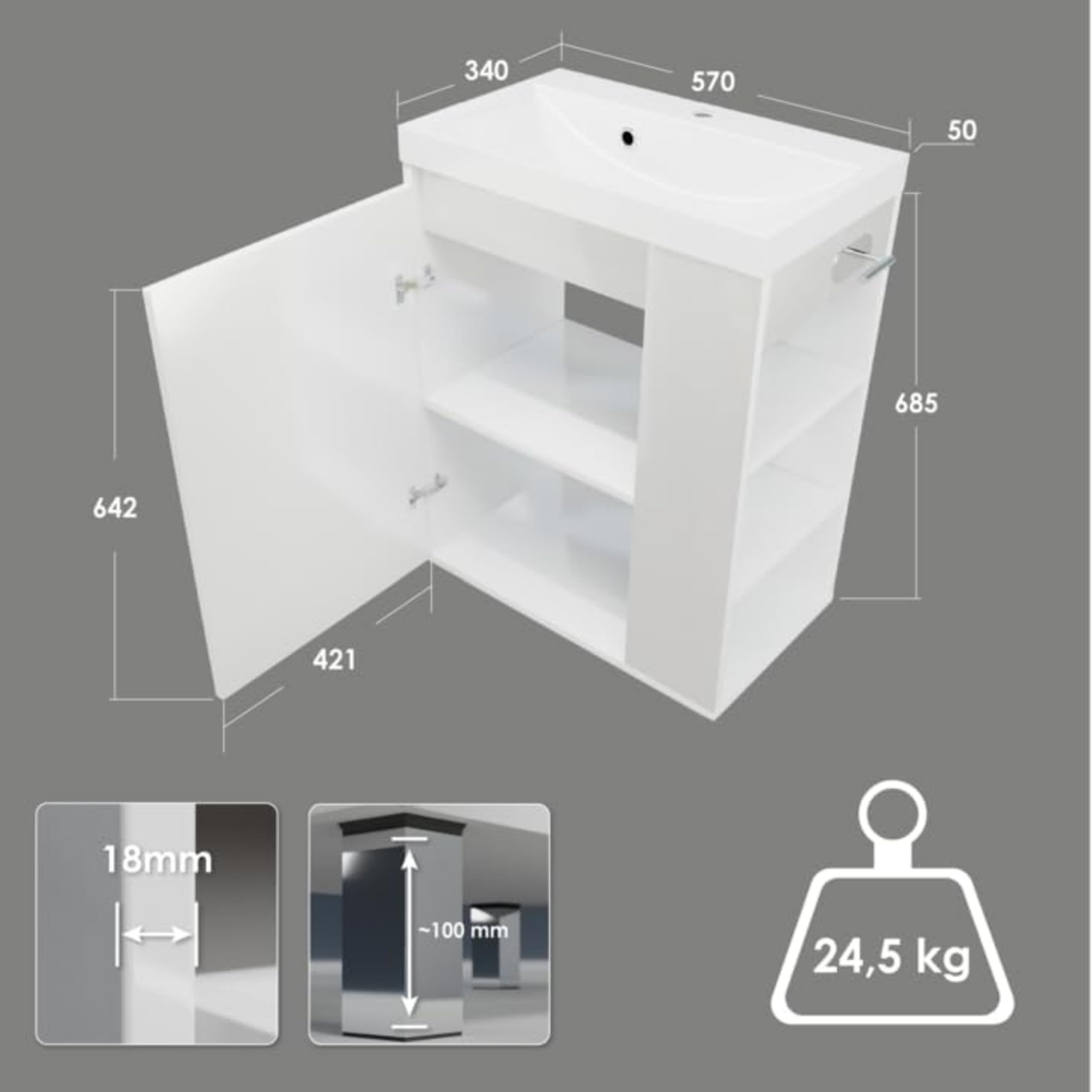 Waschbecken mit Unterschrank SEVA, 57 cm Breite, Waschtisch Stehend oder Hängend, Badmöbel Set für Badezimmer, Waschbeckenunterschrank mit Toilettenpapierhalter - Weiß
