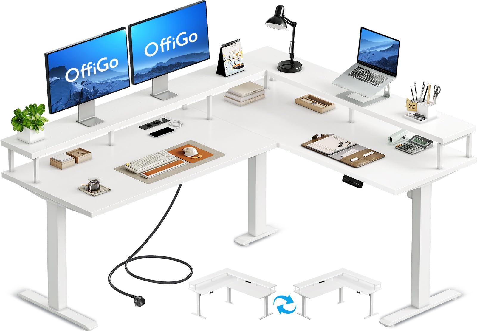 Bureau D'angle L OXFENSEE 152cm Blanc Avec Prises électriques, étagères Ouvertes Et Support Moniteur