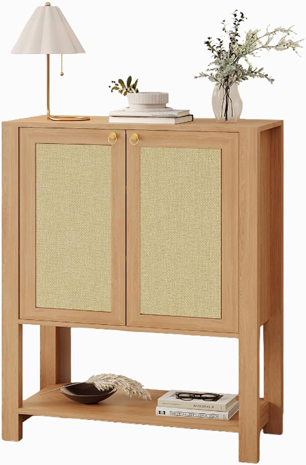 Rattan Shoe Storage Cabinet with 2 Doors - 40 Inch Farmhouse Freestanding Shoe Rack Organizer, Adjustable Shelves, Open Bottom Shelf for Entryway, Hallway, Living Room, Gray Oak