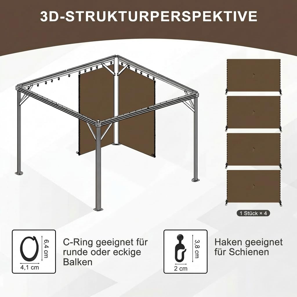 Aoodor Garden Outdoor Vorhang, 4 Stück Pavillon Seitenteile, Wasserdichte Sichtschutz Gardinen mit Reißverschluss für Terrassen-Pergolen und Markisen (nur Vorhänge)