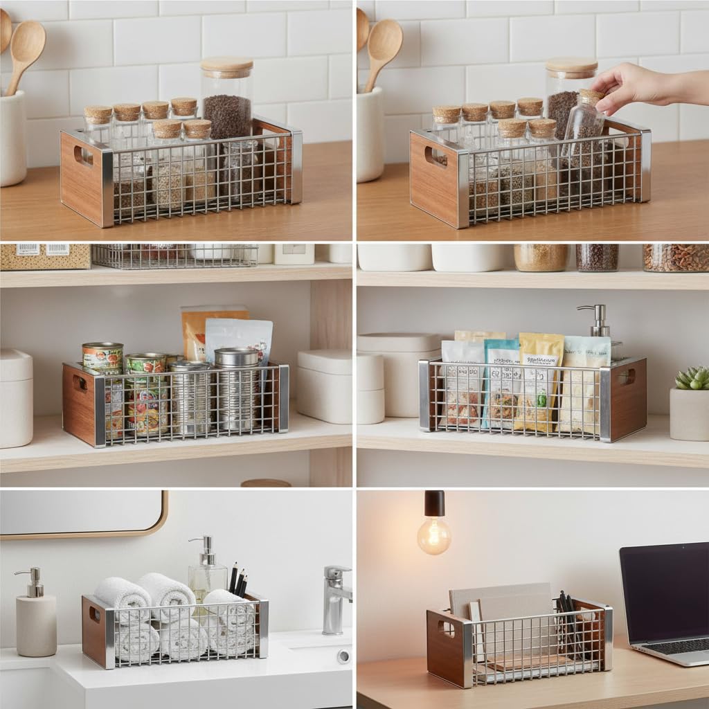 Cesta organizadora metal retro con para el hogar, para la cocina - para el baño, Estante de almacenamiento de aperitivos pequeño galvanizado - 1 nivel - tablero de madera