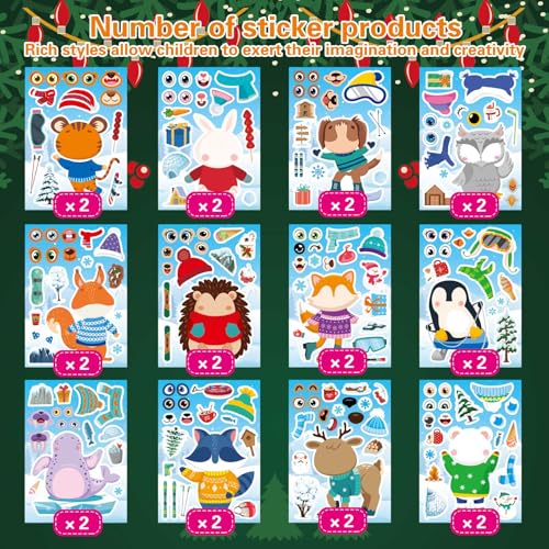 Image of 24 PCS Winter Stickers for Kids, Make-a-Face Sticker, Christmas Craft Decor | Make Your Own Stickers with 12 Designs of Animal Owl Penguin Snowman Bear Sticker for Winter Party Decorations Supplies