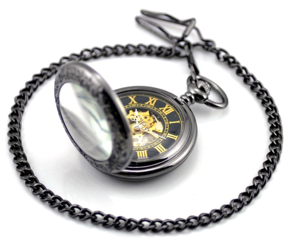 Orologio da tasca antico nero con numeri romani, carica manuale, orologio tasca meccanico, catenina con ciondolo, lupa nera da cavaliere, alta qualità