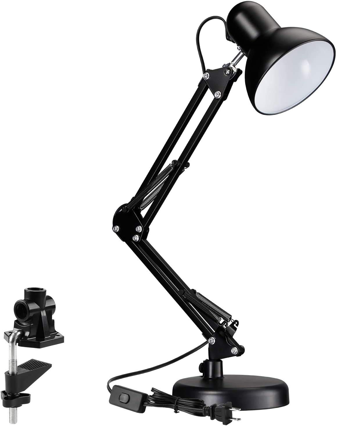 Metal Swing Arm Desk Lamp, Interchangeable Base Or Clamp, Classic Architect Clip On Study Table Lamp, Multi-Joint, Adjustable Arm, (BLACK)