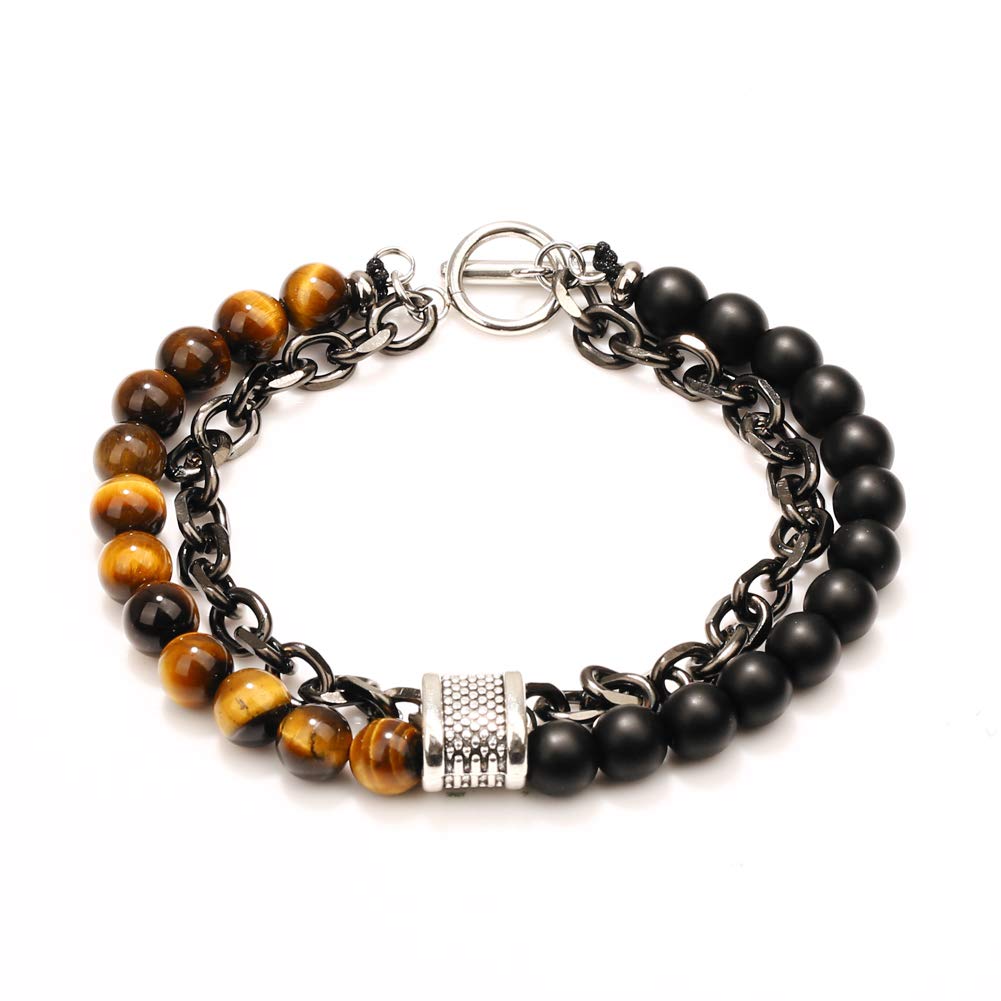 HJLIKE Men’s Bracelet,Natural Tiger Eyes Stone Bead Bracelet Double Layer Bracelet Stainless Steel Rolo Cable Link Chain Bracelet Men's Fashion Jewelry 9 inch