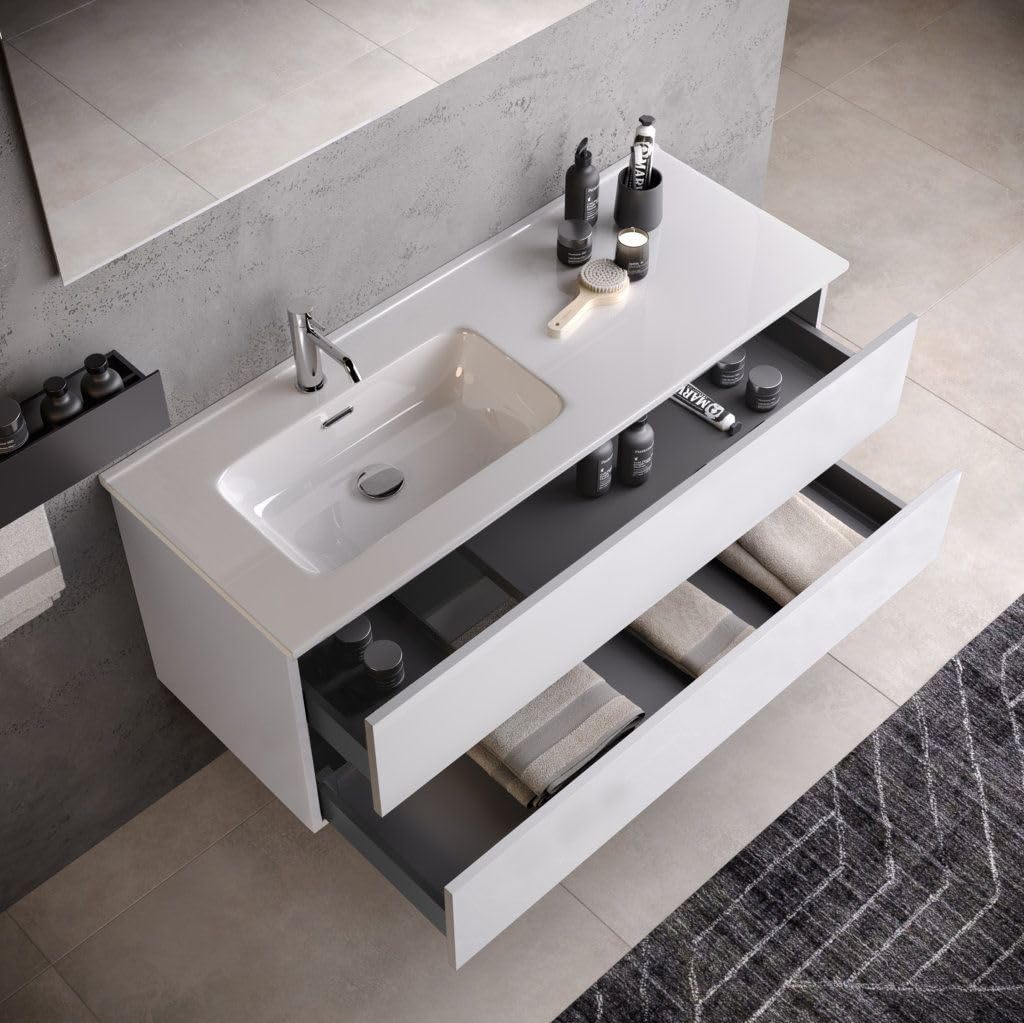 AQA DESIGN accessori casa composizione vasca bagno, nr2 cassetti con scorrimento e chiusura soft close, maniglia a gola in melaminico, nr1 specchio - Bianco - 121x46,5x190 cm
