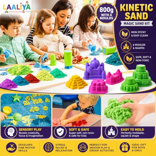 Image of Kinetic Sand for Kids 800g Magic Sand Kit with 6 Moulds, Non Sticky Soft Sand Clay Toy, Sensory Play Set, Indoor Sand Art Craft Kit, Reusable Moldable Play Sand for Boys Girls