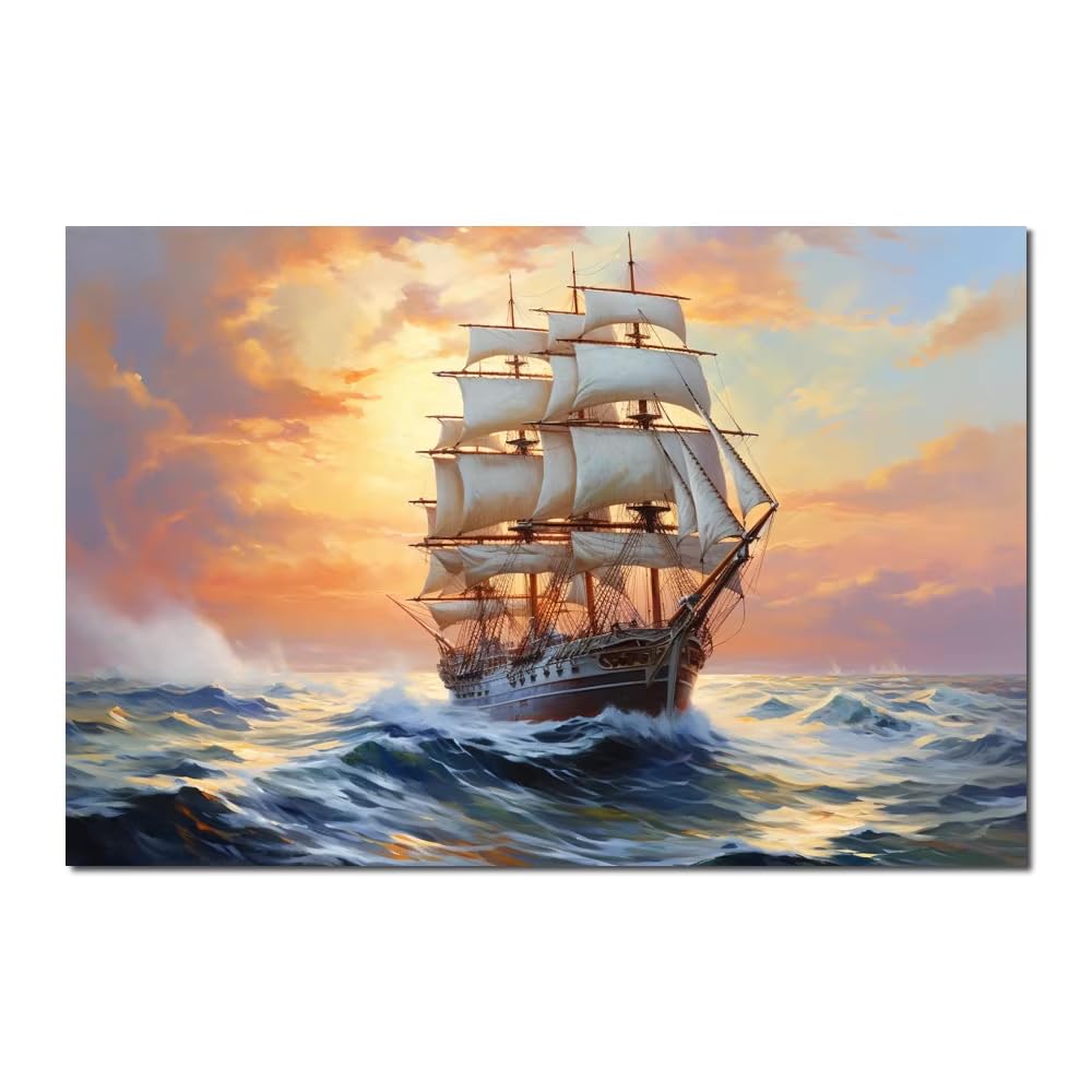 Print on Canvas Sailing Ship Boat on Sea Waters in Sunset Wall Art Picture for Office Study Room Wall Hall Decoration(50x70cm/20x28in/Frameless)