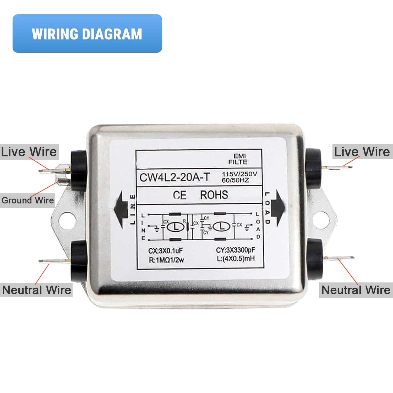 Fyearfly Filtre Emi de Ligne D’Alimentation, 115V/250V 20A 50/60Hz Cw4L2-20A-T Module de Filtre Emi avec Trou de Vis de Montage