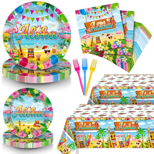 98 Pcs Hawaiian Tableware, Luau Party Decorations Include Aloha Tablecloth, Plastic Fork luau Plates and Napkins, Tiki Party Supplies, luau Dinnerware for Hawaiian, Luau, Beach Party