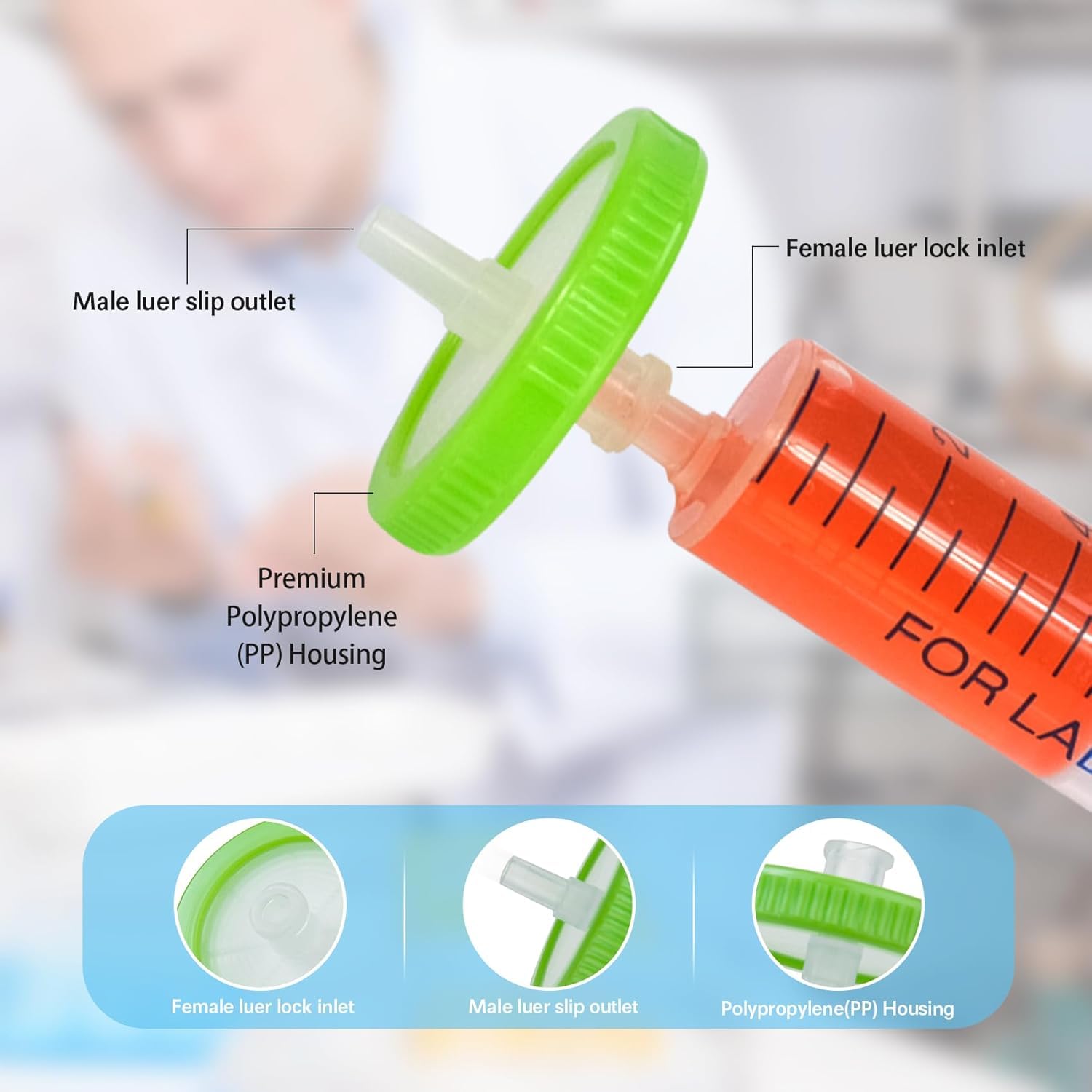 Lot de 20 Filtres à Seringue Stériles en PTFE Hydrophile de 25 mm de Diamètre et Taille de pores de 0,22 μm, Filtre à Aiguille HPLC et GC, Filtration en Laboratoire à Haut Débit