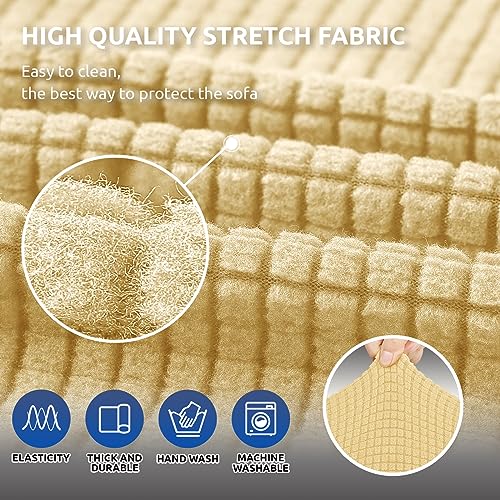 KEKUOU Stretch Sofa Cover Slipcover ,Couch Covers for 3 Cushion Couch Sofa pet Friendly (78"-94") Furniture Protector Sofa with Elastic Bottom for Kids,Dog, Jacquard Small Checked(Large,Champagne)