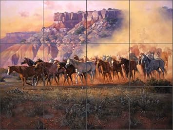 Ceramic Tile Mural Backsplash Western Horse Art Dust of the Palo Duro by Jack Sorenson - Kitchen Bathroom Shower 17" x 12.75" - 4.25" Tiles