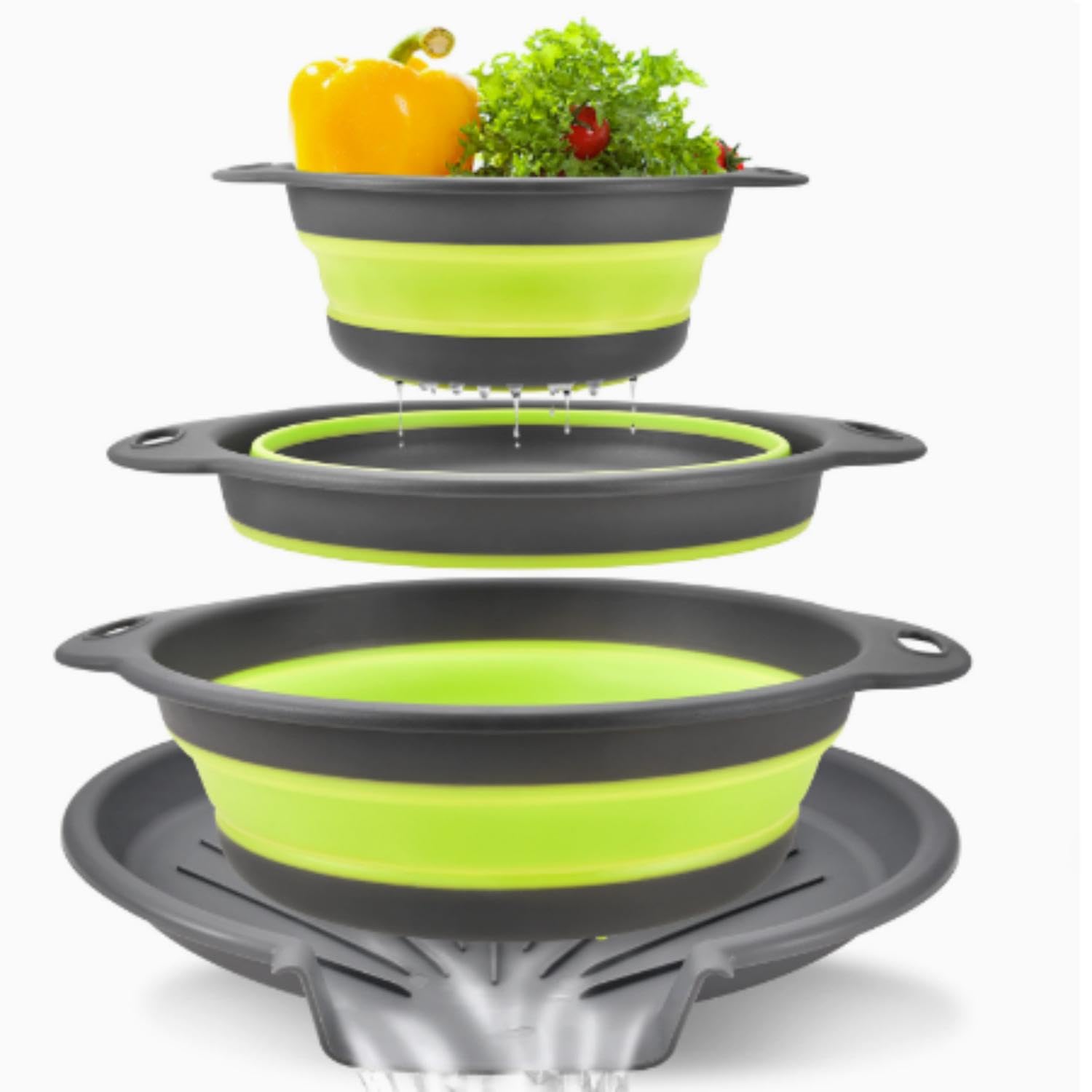 3 Pack Collapsible Colanders with Self-Draining Base,Foldable Silicone Food Strainers Set with Handles,Space Saving Kitchen Sieve Baskets in 3 Sizes for Pasta,Fruit,Vegetables,Draining,Camping(Green)