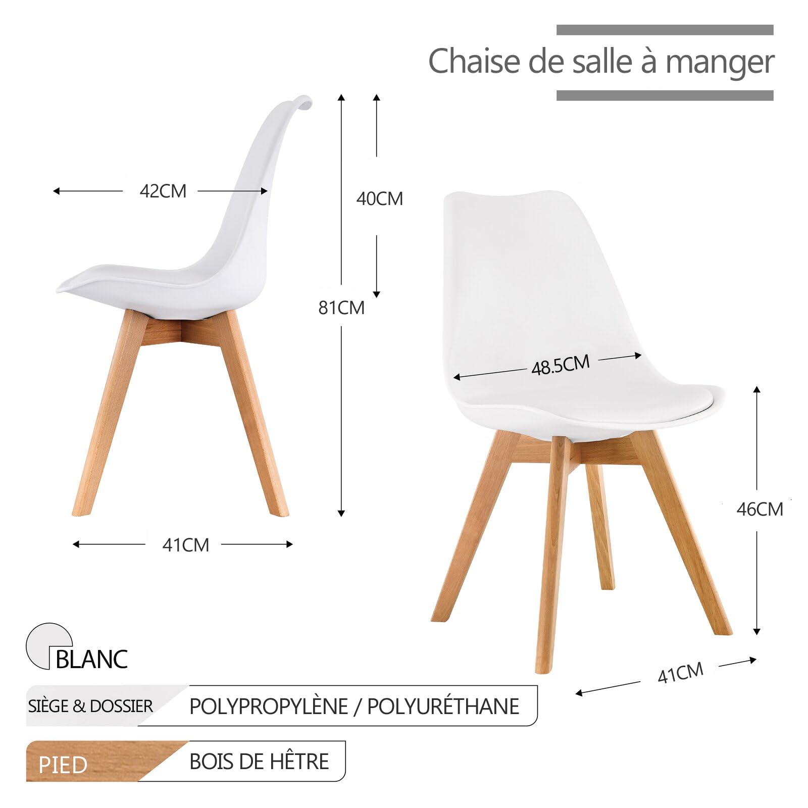 Chaises de Salle à Manger Scandinave Lot de 4, Chaise de Cuisine, Idéal pour Salle à Manger, Salon, Chambre à Coucher (4, Blanc, Standard)