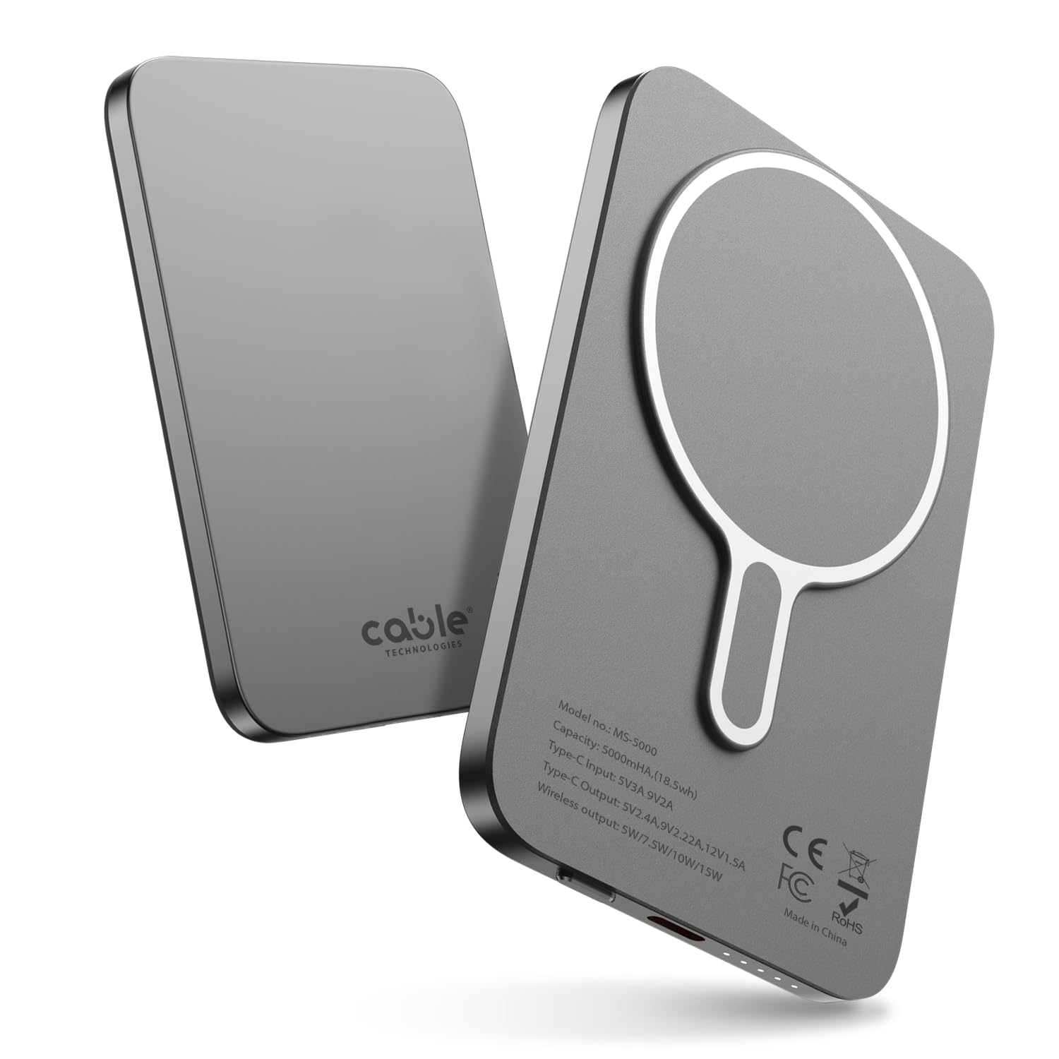 Cable Technologies MagPower powerbank magnétique sans Fil 5000mah PD20W USB-C Ultra Mince, Léger, Charge Rapide, Batterie Externe Power Bank Chargeur Portable Universel pour iPhone, Samsung, etc