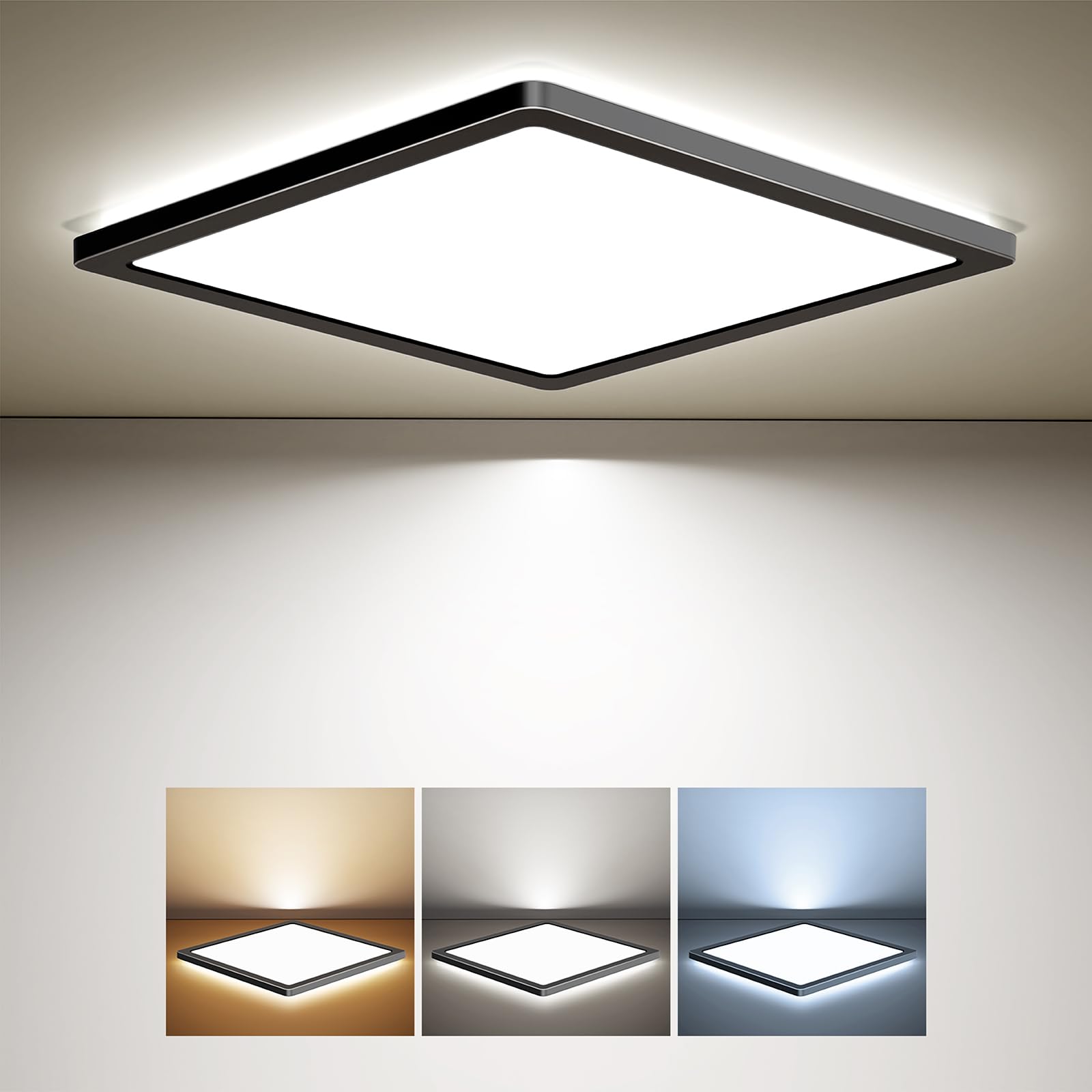 BLNAN LED Deckenleuchte 24W Deckenlampe Flach, Warm Neutral Kalt Weiß 3000K/4000K/5000K, 2400LM Panel mit Hinterleuchtung für Schlafzimmer, Wohnzimmer, Küche, Flur, Bad, Keller, 30CM Schwarz