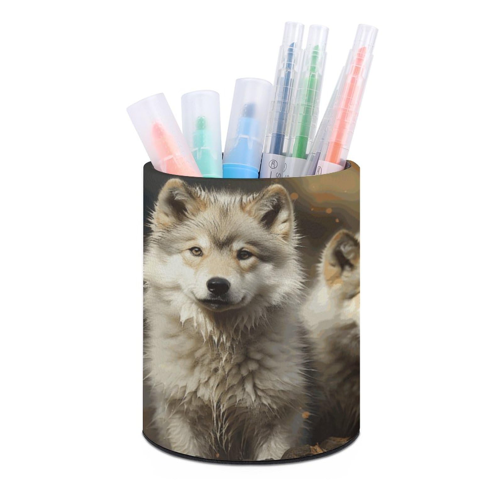 JTREHY Round Pen Holder,Cute Wolf Printed Makeup Brush Storage Box for Home Office Dressing Table