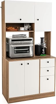71 Tall Kitchen Pantry Storage Cabinet, Freestanding Buffet Hutch with Doors, Adjustable Shelves, 3 Drawers and Microwave Stand, Kitchen Hutch for Dining Room, Living Room White & Natural