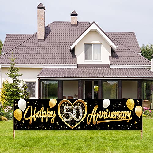 Happy 50th Wedding Anniversary Banner Decorations Black Gold 50th Anniversary Sign Party Supplies Photo Booth for Outdoor Indoor