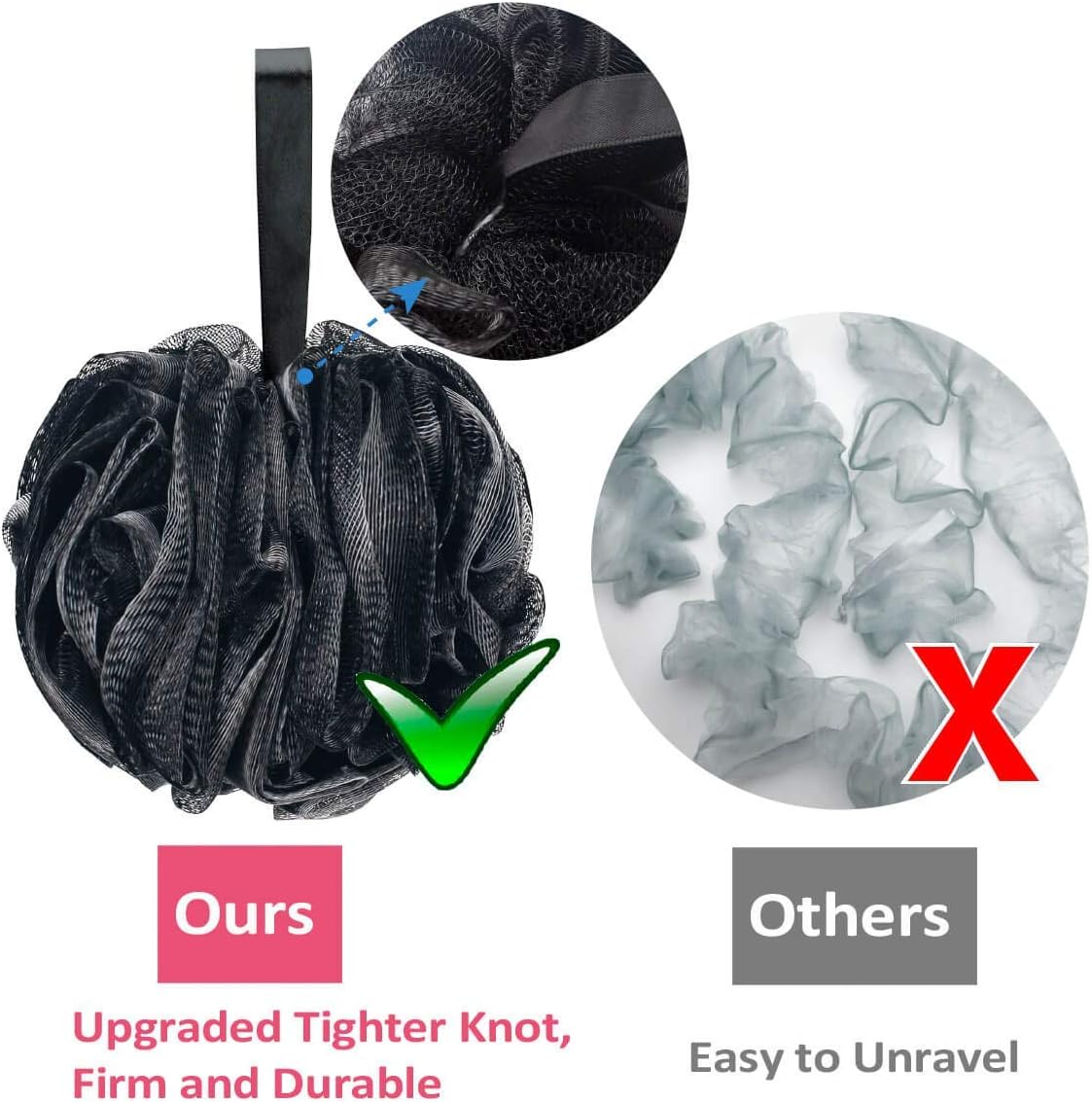 Titanker Bath Loofah Sponge, Shower Sponge Loofahs 75g/pcs Mesh Pouf Soft Body Scrubber Ball, Exfoliating Bath Sponge for Women and Men, Pack of 4, Black