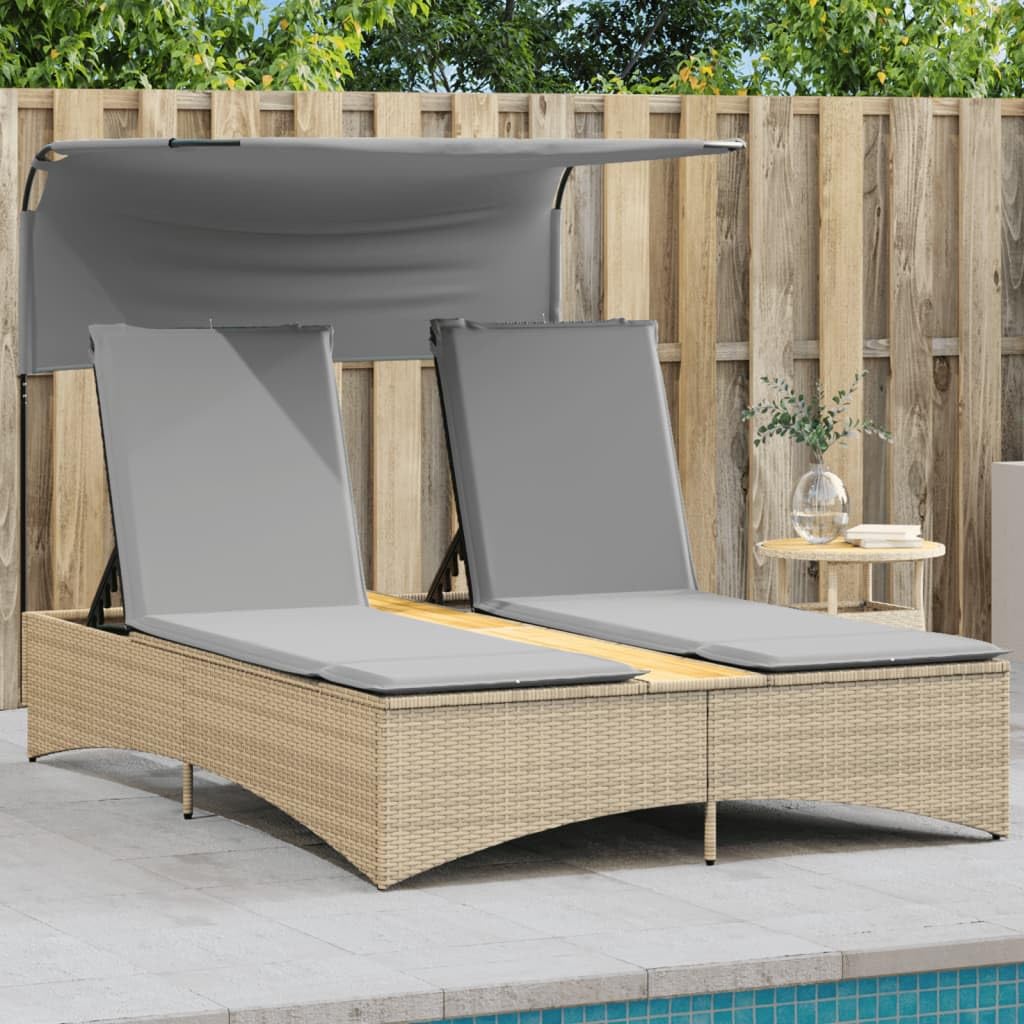 Homgoday Lit double avec auvent et coussins beige mixte polyrorotin, chaises longues, canapé-lit, lit meuble, lit de piscine, lit de jardin v
