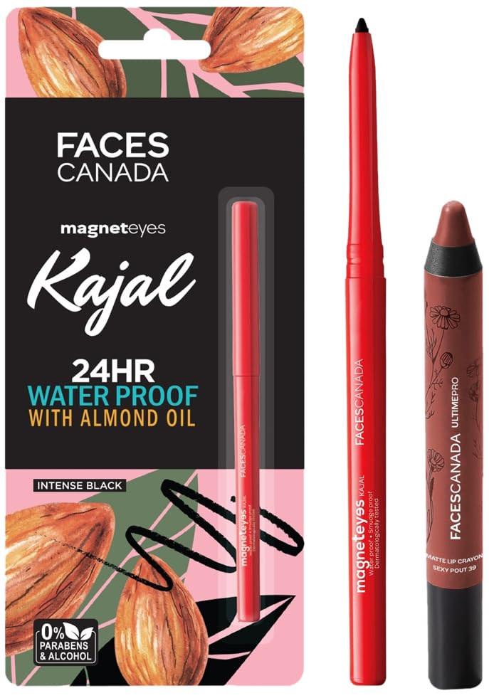 Image of FACESCANADA Faces Magnet Eyes Kajal, 0.35G & Ultime Pro Matte Lip Crayon-Wrapped Up 2.8 G Combo, Multicolor